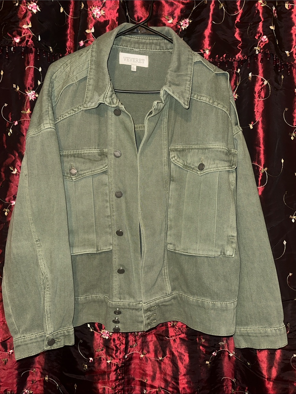Veveret Women's Olive Green Denim Jacket with Button Front 100%cotton